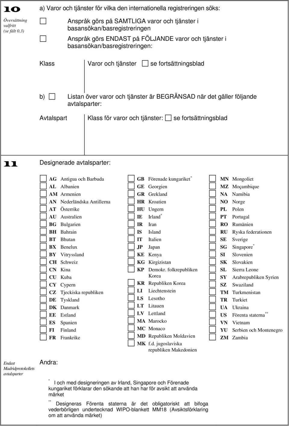 fortsättningsblad b) Listan över varor och tjänster är BEGRÄNSAD när det gäller följande avtalsparter: Avtalspart Klass för varor och tjänster: se fortsättningsblad 11 Designerade avtalsparter: AG