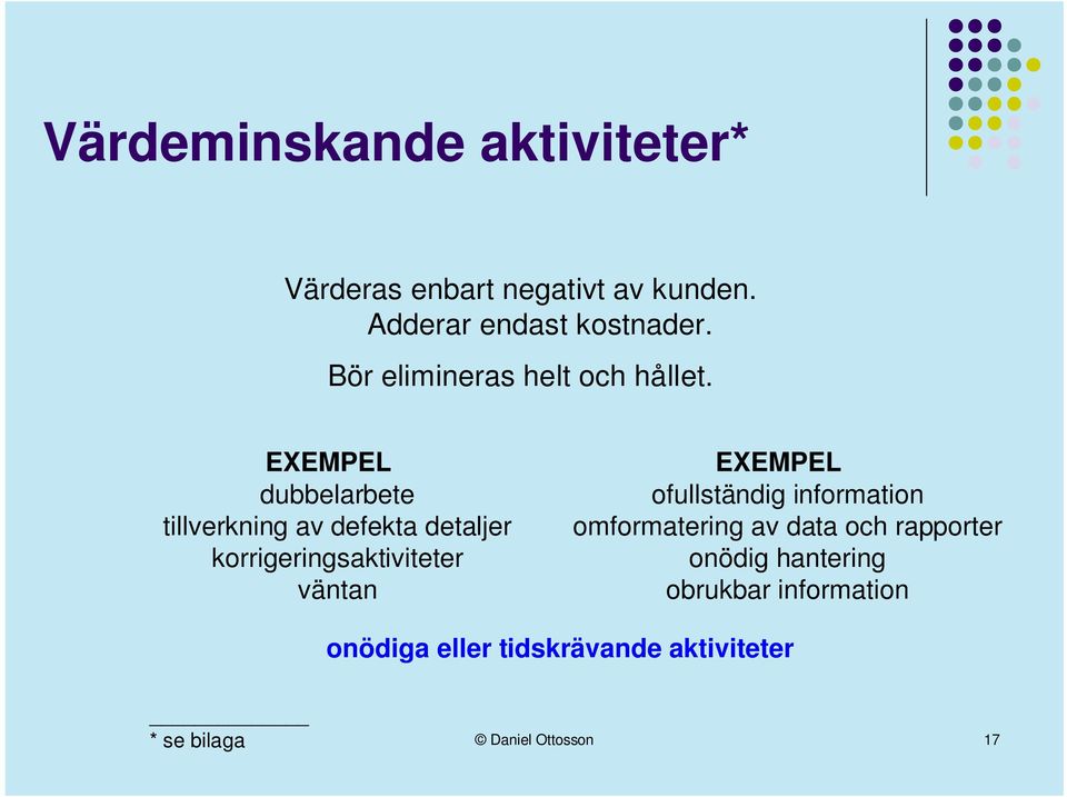 EXEMPEL dubbelarbete tillverkning av defekta detaljer korrigeringsaktiviteter väntan EXEMPEL