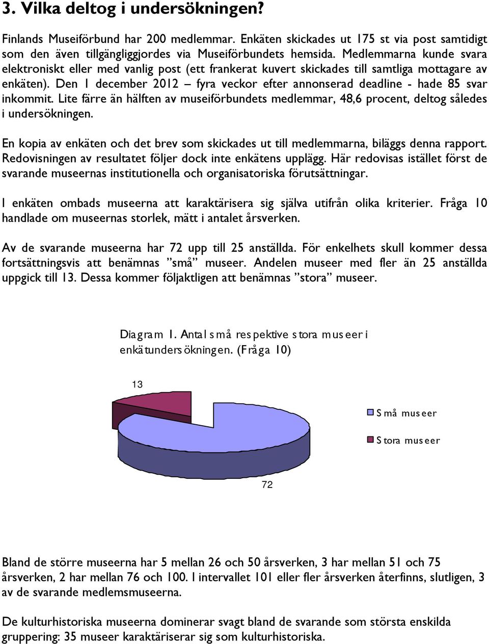 Den 1 december 2012 fyra veckor efter annonserad deadline - hade 85 svar inkommit. Lite färre än hälften av museiförbundets medlemmar, 48,6 procent, deltog således i undersökningen.