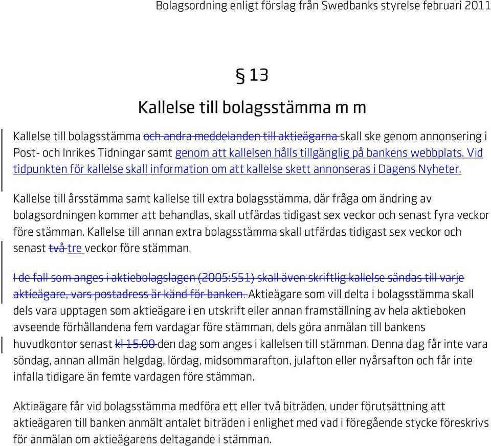 Kallelse till årsstämma samt kallelse till extra bolagsstämma, där fråga om ändring av bolagsordningen kommer att behandlas, skall utfärdas tidigast sex veckor och senast fyra veckor före stämman.