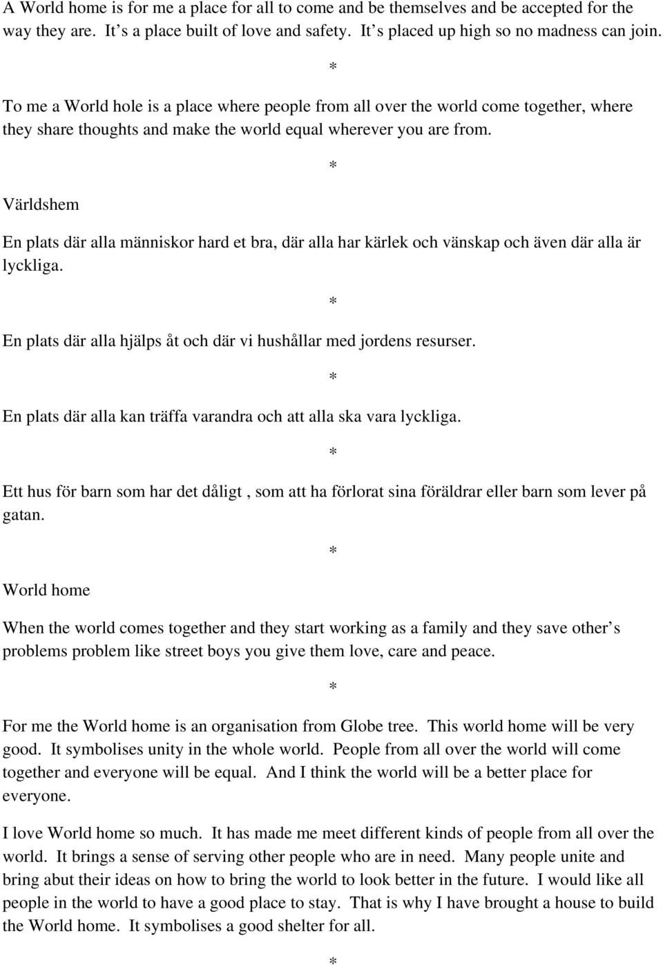 Världshem En plats där alla människor hard et bra, där alla har kärlek och vänskap och även där alla är lyckliga. En plats där alla hjälps åt och där vi hushållar med jordens resurser.