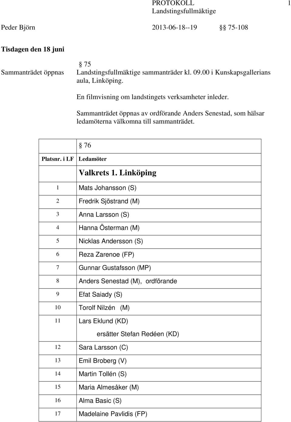 Linköping 1 Mats Johansson (S) 2 Fredrik Sjöstrand (M) 3 Anna Larsson (S) 4 Hanna Österman (M) 5 Nicklas Andersson (S) 6 Reza Zarenoe (FP) 7 Gunnar Gustafsson (MP) 8 Anders