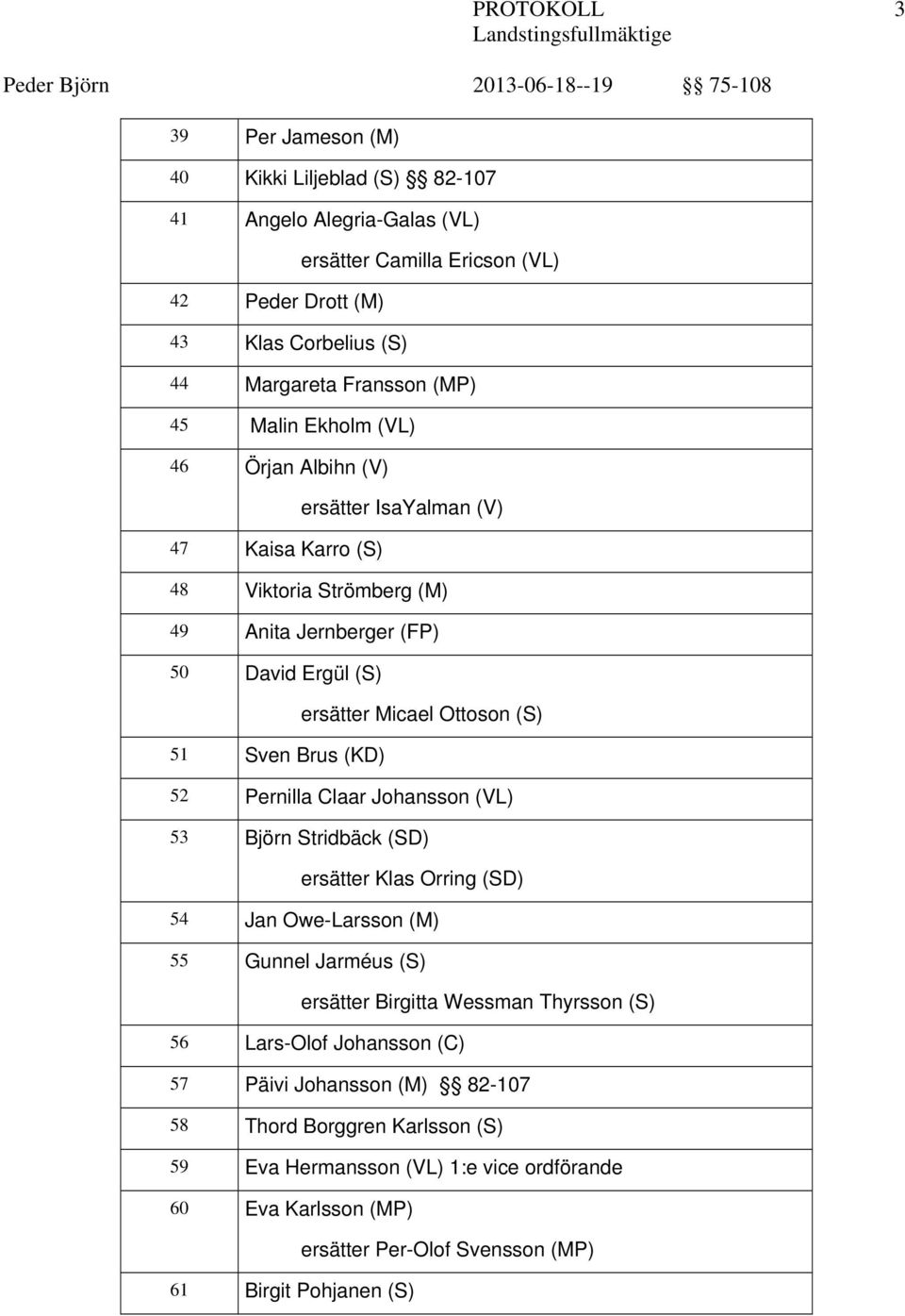 Ottoson (S) 52 Pernilla Claar Johansson (VL) 53 Björn Stridbäck (SD) ersätter Klas Orring (SD) 54 Jan Owe-Larsson (M) 55 Gunnel Jarméus (S) ersätter Birgitta Wessman Thyrsson (S) 56