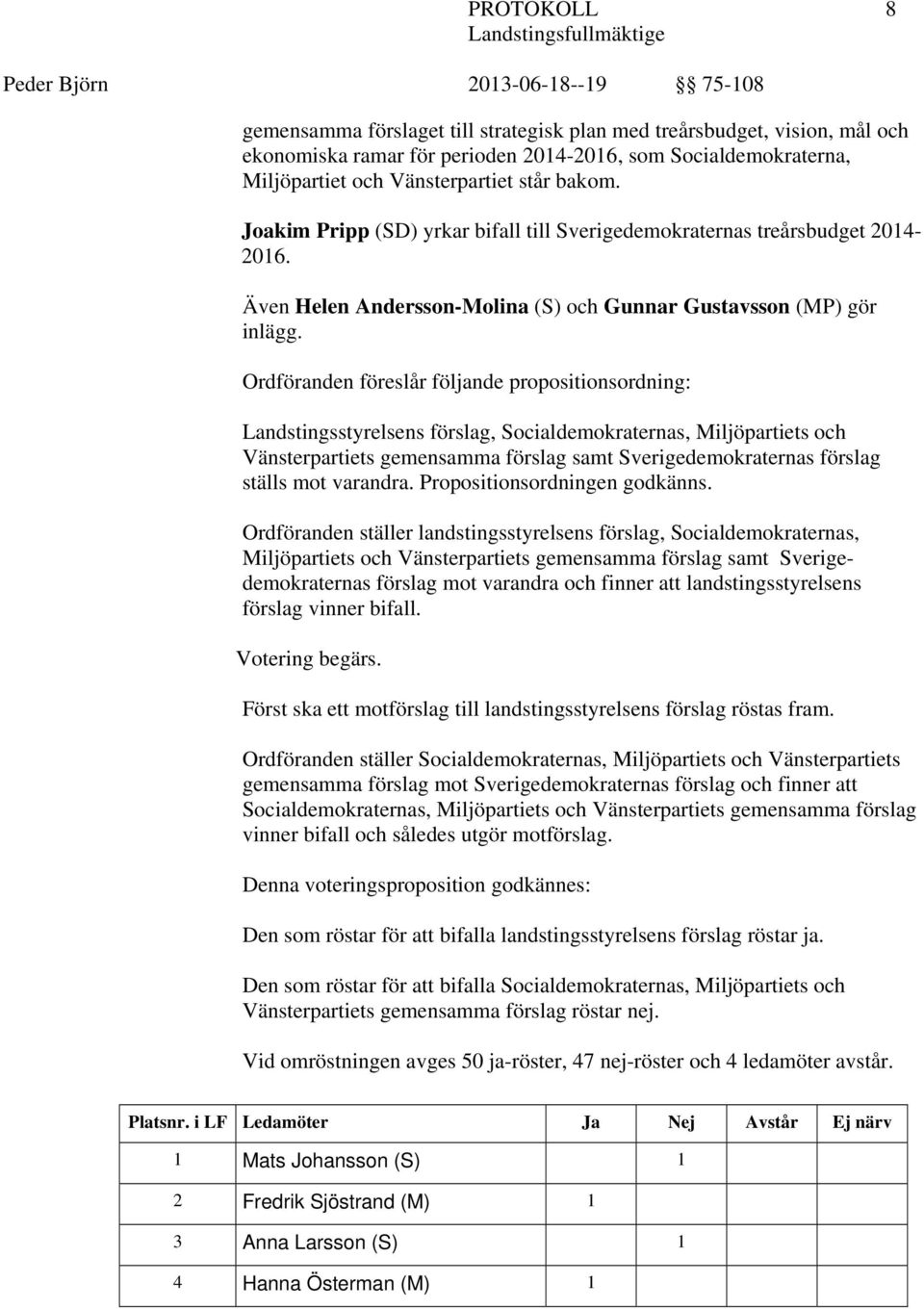 Ordföranden föreslår följande propositionsordning: Landstingsstyrelsens förslag, Socialdemokraternas, Miljöpartiets och Vänsterpartiets gemensamma förslag samt Sverigedemokraternas förslag ställs mot