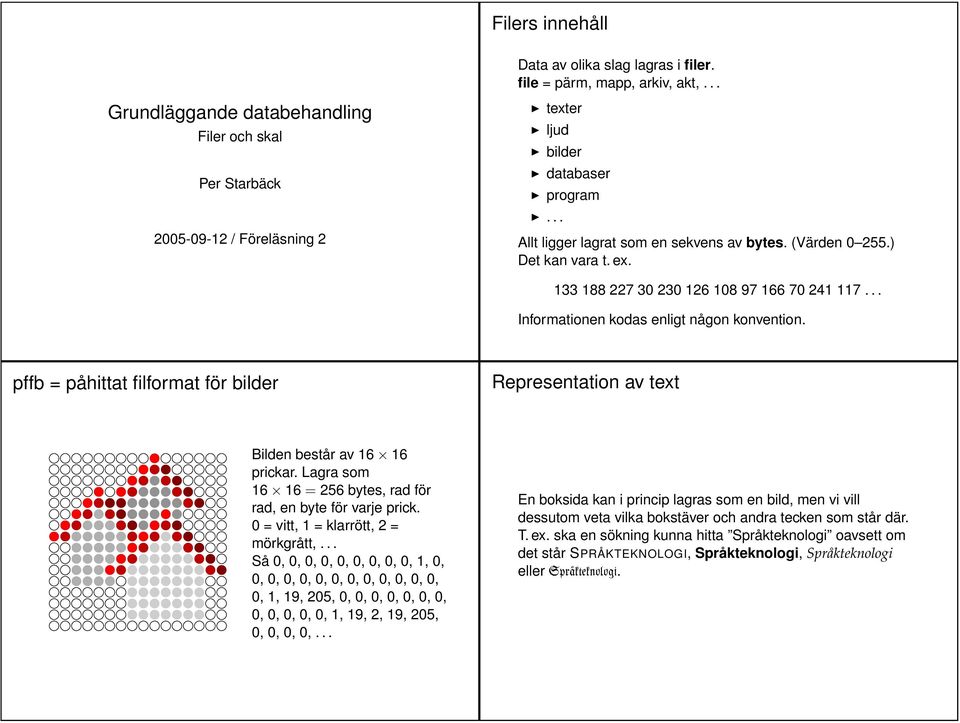 ) Det kan vara t. ex. 133 188 227 30 230 126 108 97 166 70 241 117... Informationen kodas enligt någon konvention.