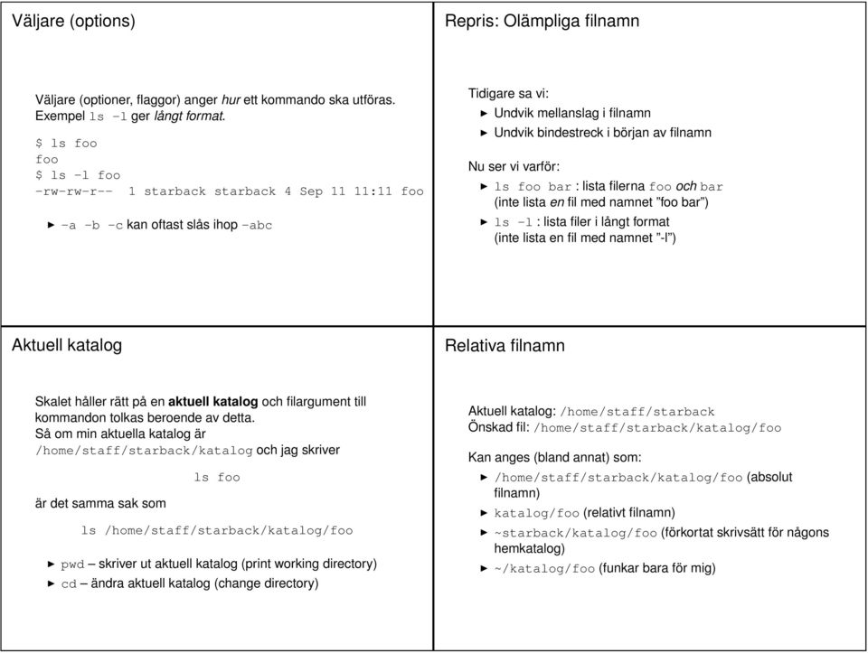 vi varför: ls foo bar : lista filerna foo och bar (inte lista en fil med namnet foo bar ) ls -l : lista filer i långt format (inte lista en fil med namnet -l ) Aktuell katalog Relativa filnamn Skalet