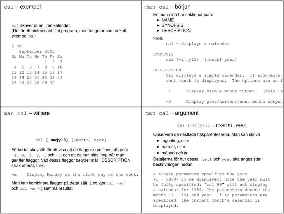 NAME cal - displays a calendar SYNOPSIS cal [-smjy13] [[month] year] DESCRIPTION Cal displays a simple calendar. If arguments ar rent month is displayed.