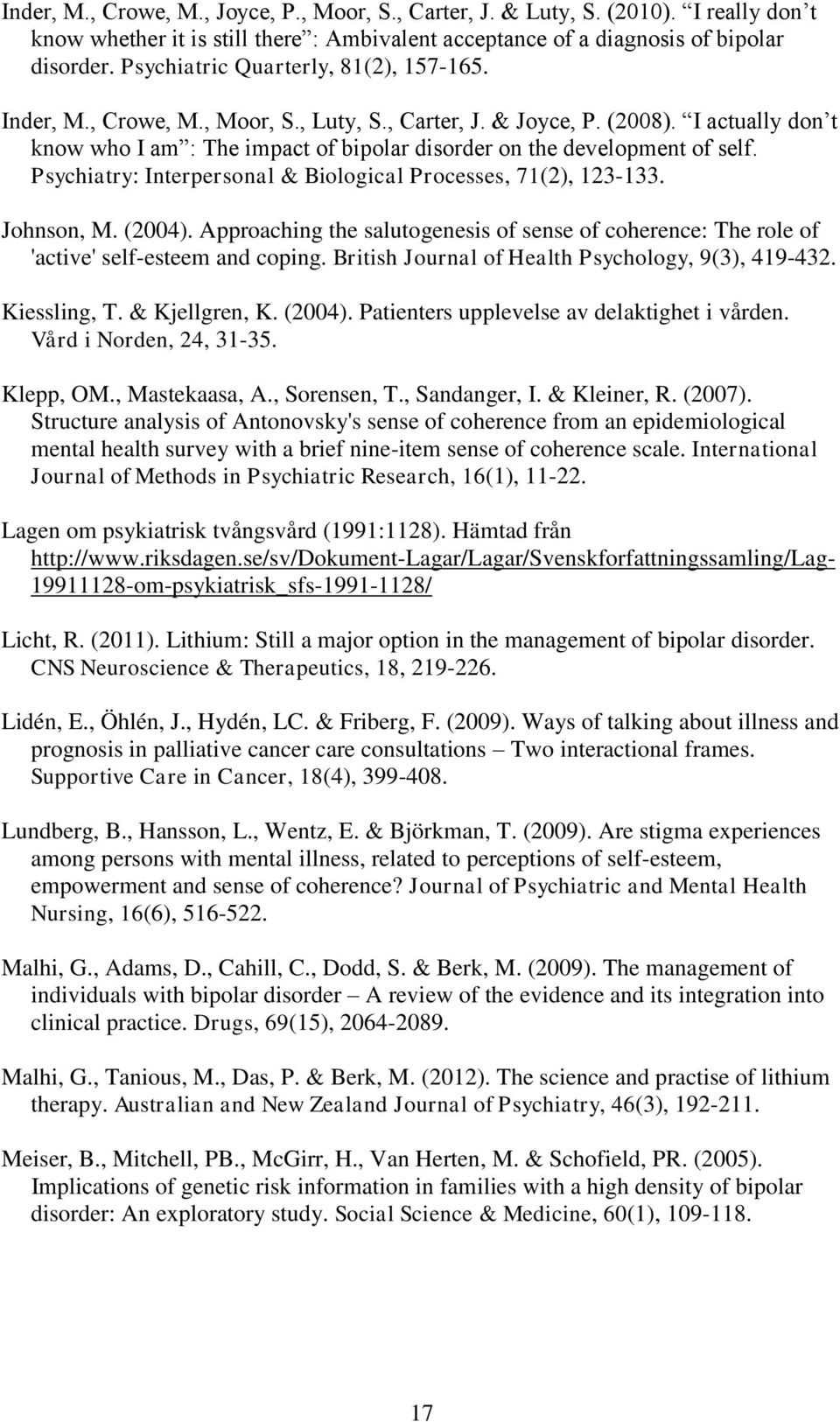 I actually don t know who I am : The impact of bipolar disorder on the development of self. Psychiatry: Interpersonal & Biological Processes, 71(2), 123-133. Johnson, M. (2004).