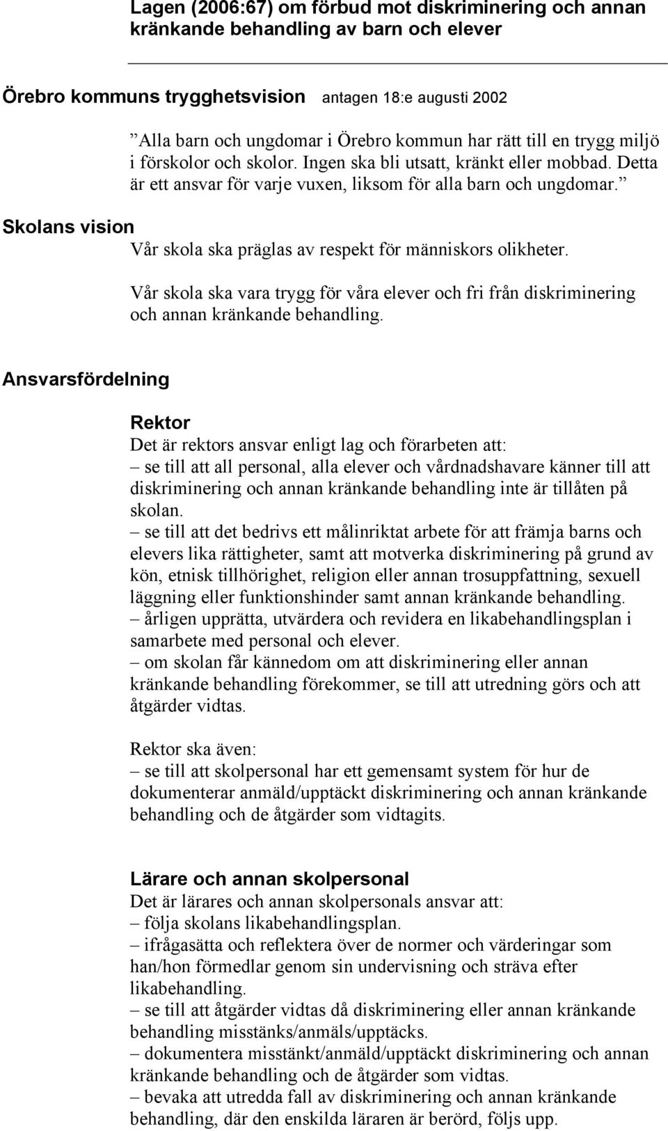 Vår skola ska vara trygg för våra elever och fri från diskriminering och annan kränkande behandling.