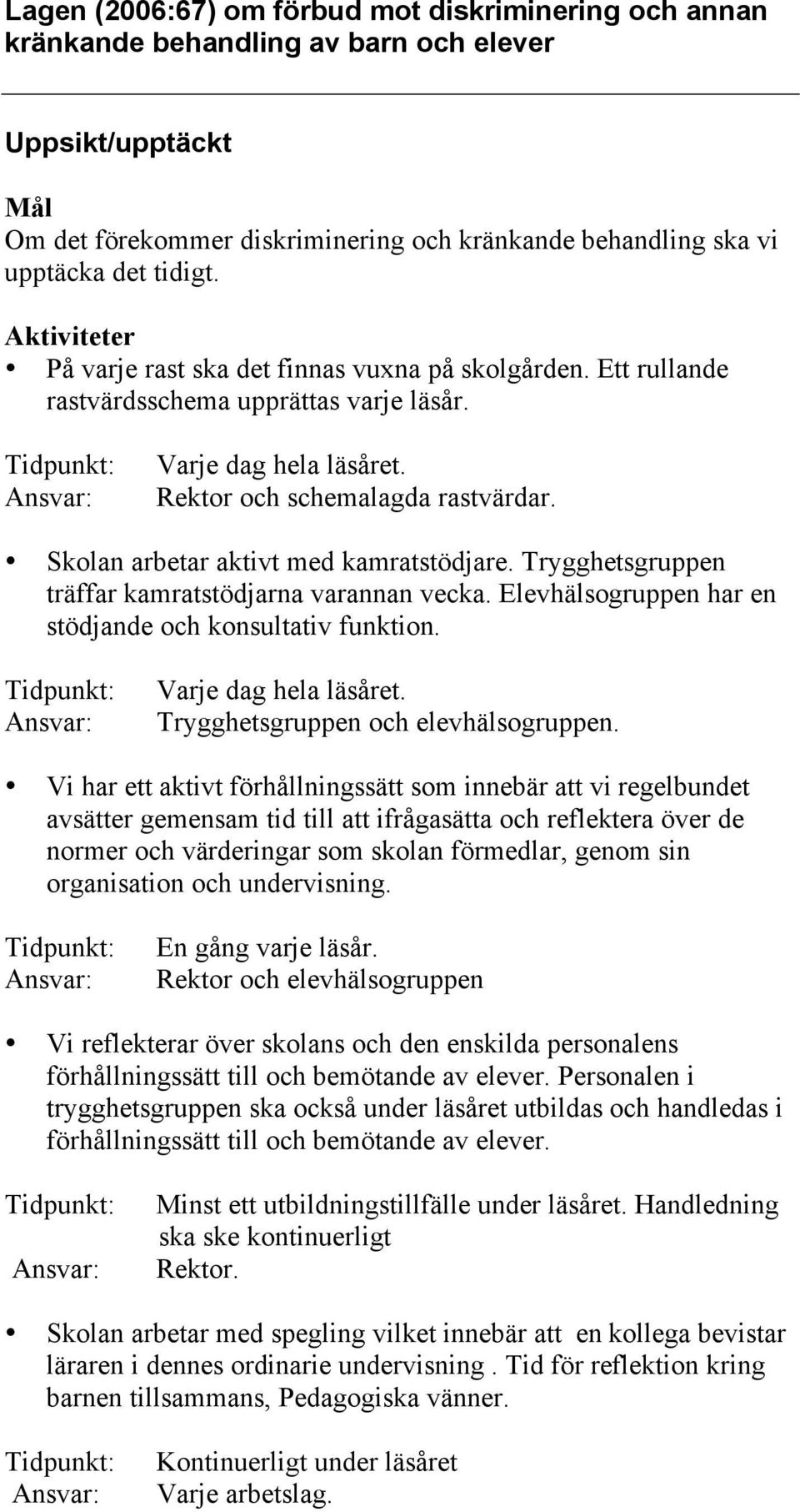 Trygghetsgruppen träffar kamratstödjarna varannan vecka. Elevhälsogruppen har en stödjande och konsultativ funktion. Varje dag hela läsåret. Trygghetsgruppen och elevhälsogruppen.