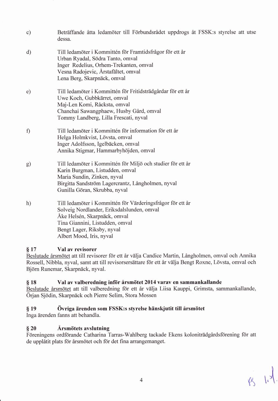 Till ledamöter i Kommittön för Fritidsträdgårdar ftir ett år Uwe Koch, Gubbkiirret, omval Maj-Len Komi, Råcksta, omval Chanchai Sawangphaew, Husby Gård, omval Tommy Landberg, Lilla Frescati, nyval 0