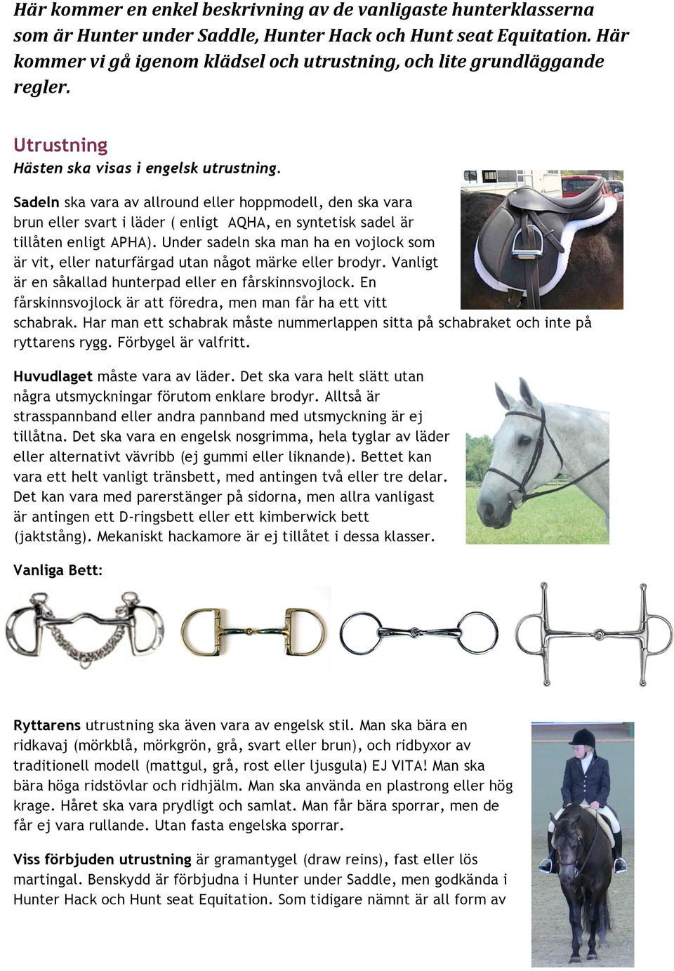 Sadeln ska vara av allround eller hoppmodell, den ska vara brun eller svart i läder ( enligt AQHA, en syntetisk sadel är tillåten enligt APHA).