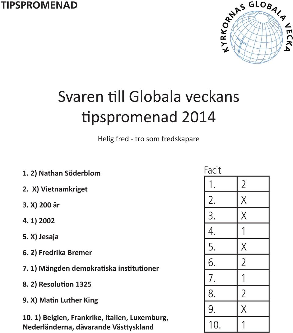 1) Mängden demokratiska institutioner 8. 2) Resolution 1325 9. X) Matin Luther King 10.