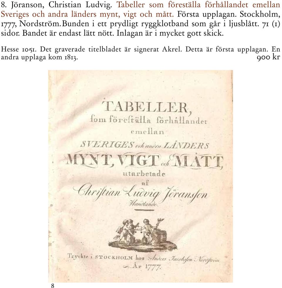 Första upplagan. Stockholm, 1777, Nordström. Bunden i ett prydligt ryggklotband som går i ljusblått.