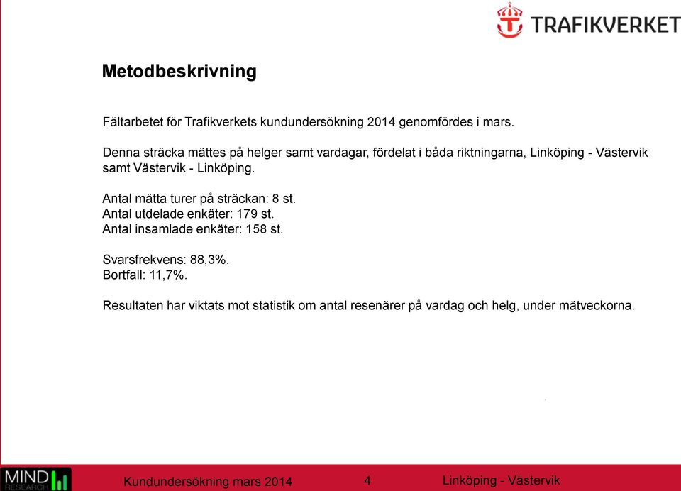 Antal mätta turer på sträckan: 8 st. Antal utdelade enkäter: 179 st. Antal insamlade enkäter: 158 st.