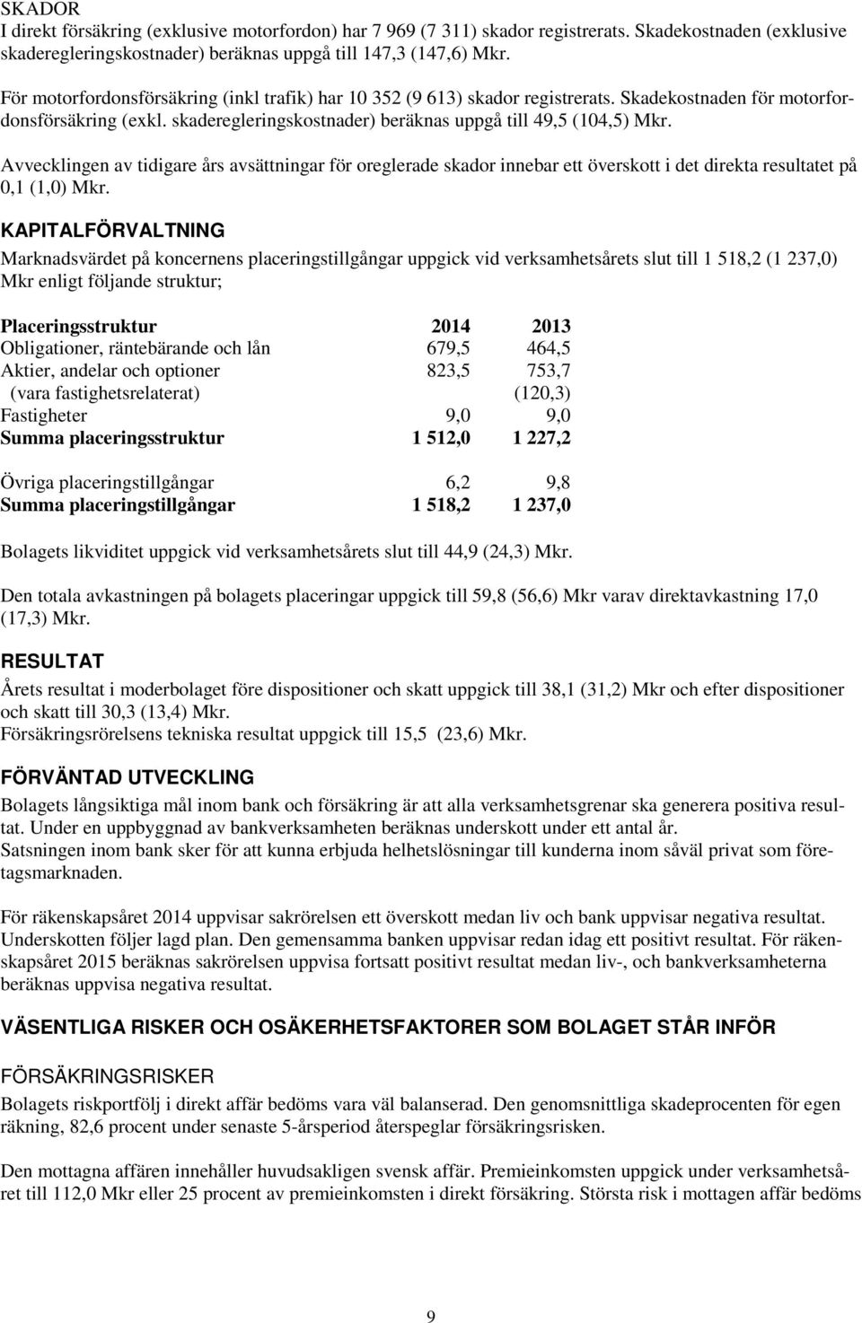 Avvecklingen av tidigare års avsättningar för oreglerade skador innebar ett överskott i det direkta resultatet på 0,1 (1,0) Mkr.