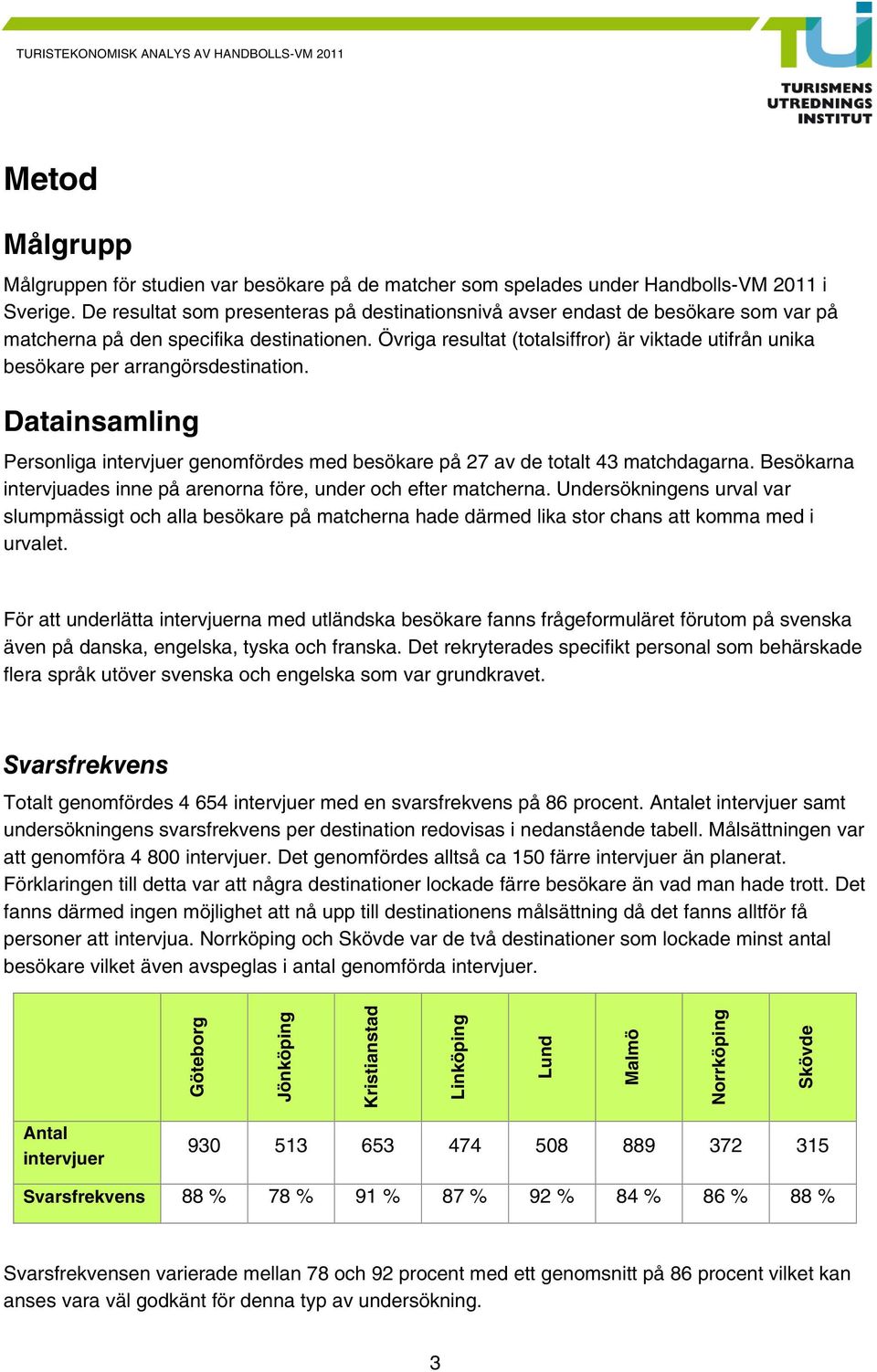 Övriga resultat (totalsiffror) är viktade utifrån unika besökare per arrangörsdestination. Datainsamling Personliga intervjuer genomfördes med besökare på 27 av de totalt 43 matchdagarna.