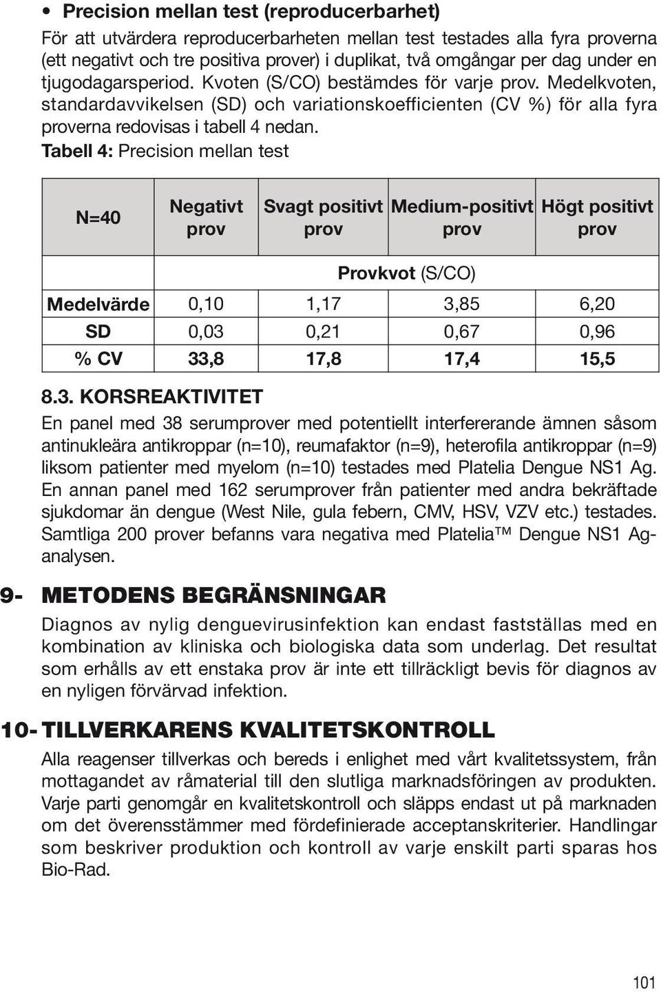 Tabell 4: Precision mellan test N=40 Negativt prov Svagt positivt prov Medium-positivt prov Högt positivt prov Provkvot (S/CO) Medelvärde 0,10 1,17 3,85 6,20 SD 0,03 0,21 0,67 0,96 % CV 33,8 17,8