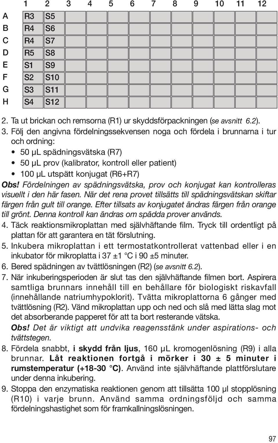 Följ den angivna fördelningssekvensen noga och fördela i brunnarna i tur och ordning: 50 µl spädningsvätska (R7) 50 µl prov (kalibrator, kontroll eller patient) 100 µl utspätt konjugat (R6+R7) Obs!