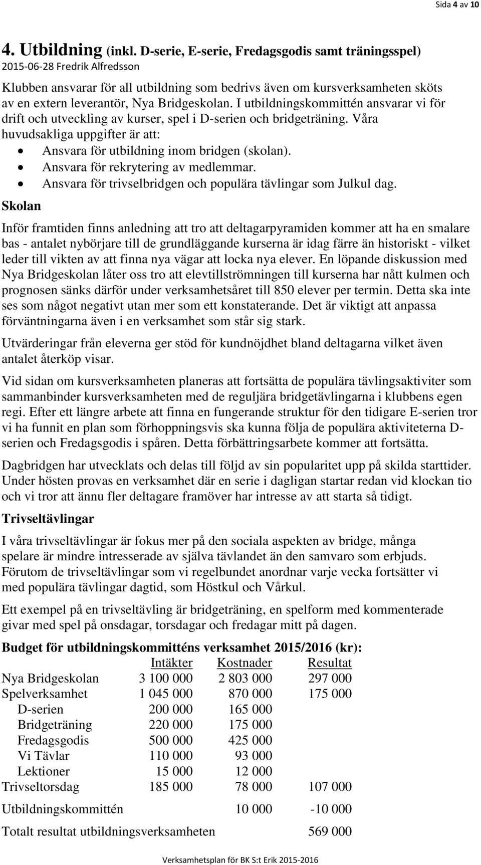 Bridgeskolan. I utbildningskommittén ansvarar vi för drift och utveckling av kurser, spel i D-serien och bridgeträning.