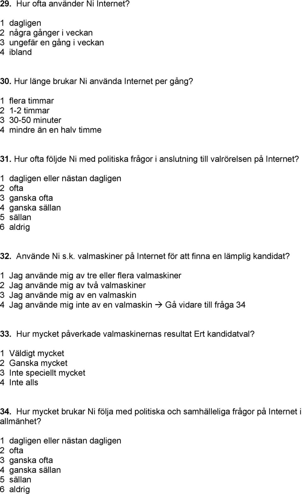 1 dagligen eller nästan dagligen 2 ofta 3 ganska ofta 4 ganska sällan 5 sällan 6 aldrig 32. Använde Ni s.k. valmaskiner på Internet för att finna en lämplig kandidat?