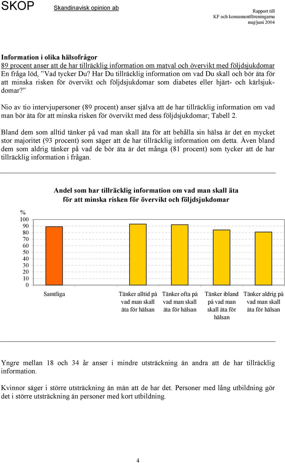 Nio av tio intervjupersoner (89 procent) anser själva att de har tillräcklig information om vad man bör äta för att minska risken för övervikt med dess följdsjukdomar; Tabell 2.