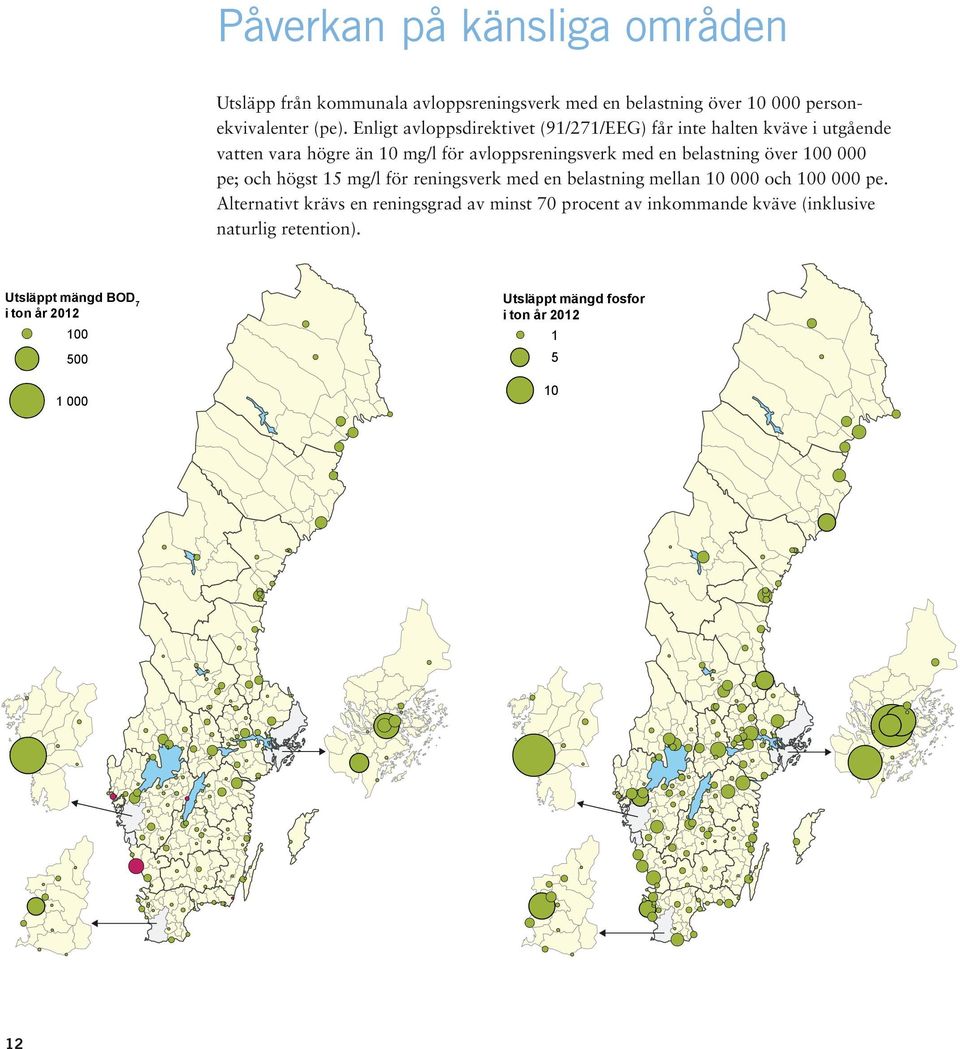 högst 15 mg/l för reningsverk med en belastning mellan 10 000 och 100 000 pe.