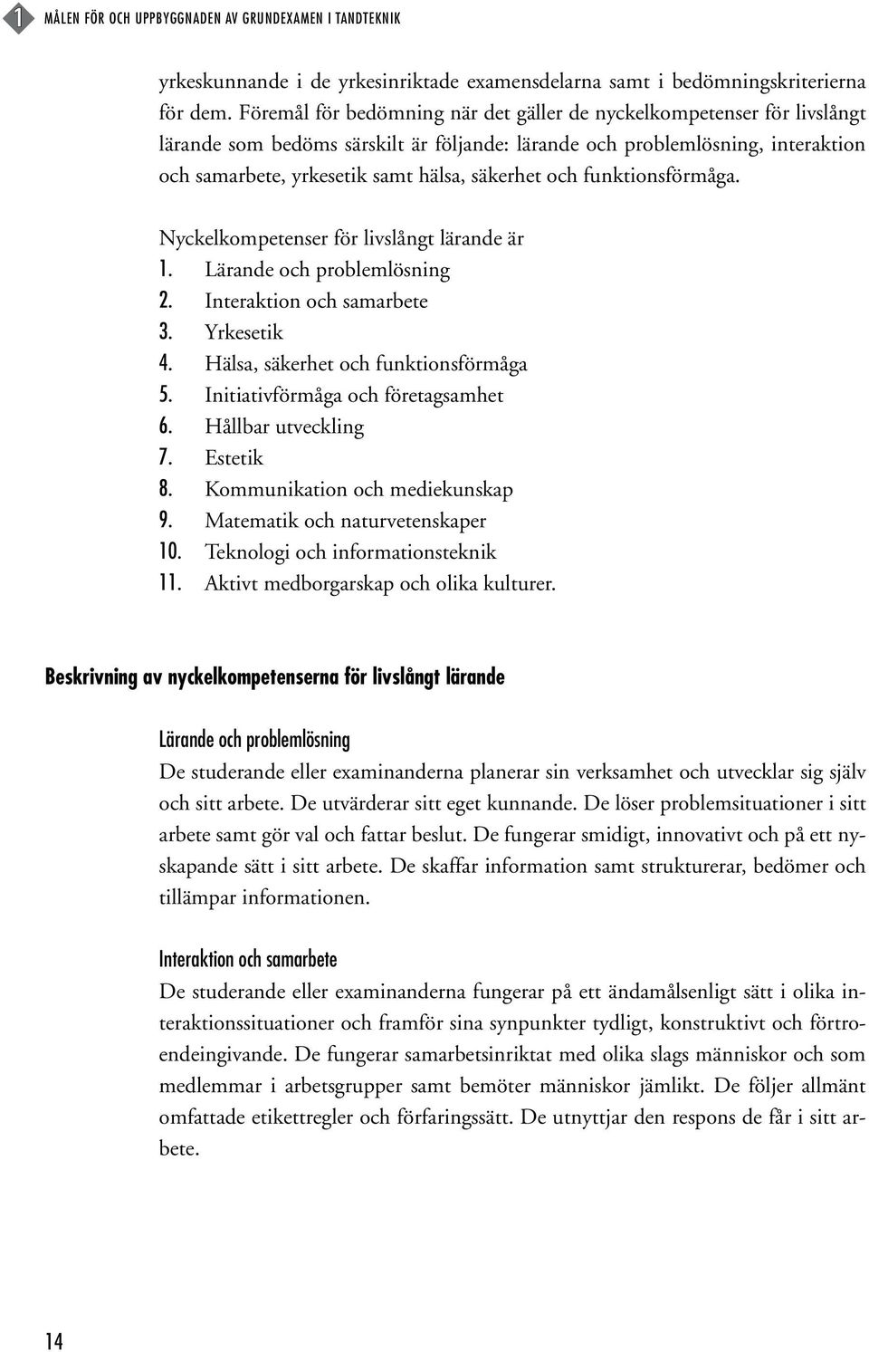 och funktionsförmåga. Nyckelkompetenser för livslångt lärande är 1. Lärande och problemlösning 2. Interaktion och samarbete 3. Yrkesetik 4. Hälsa, säkerhet och funktionsförmåga 5.