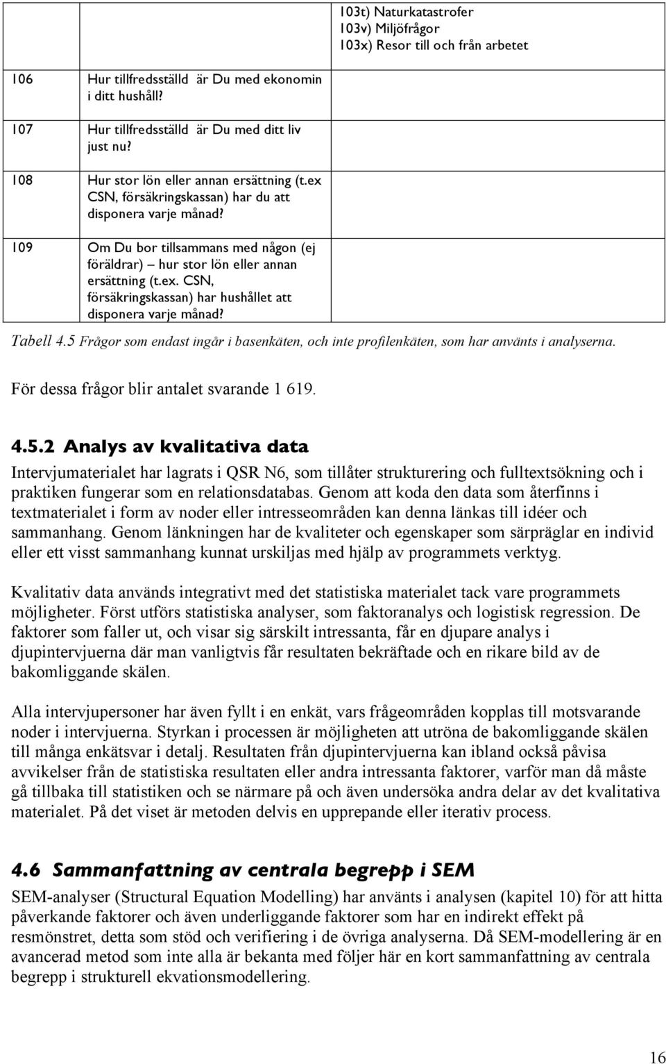 Tabell 4.5 Frågor som endast ingår i basenkäten, och inte profilenkäten, som har använts i analyserna. För dessa frågor blir antalet svarande 1 619. 4.5.2 Analys av kvalitativa data Intervjumaterialet har lagrats i QSR N6, som tillåter strukturering och fulltextsökning och i praktiken fungerar som en relationsdatabas.