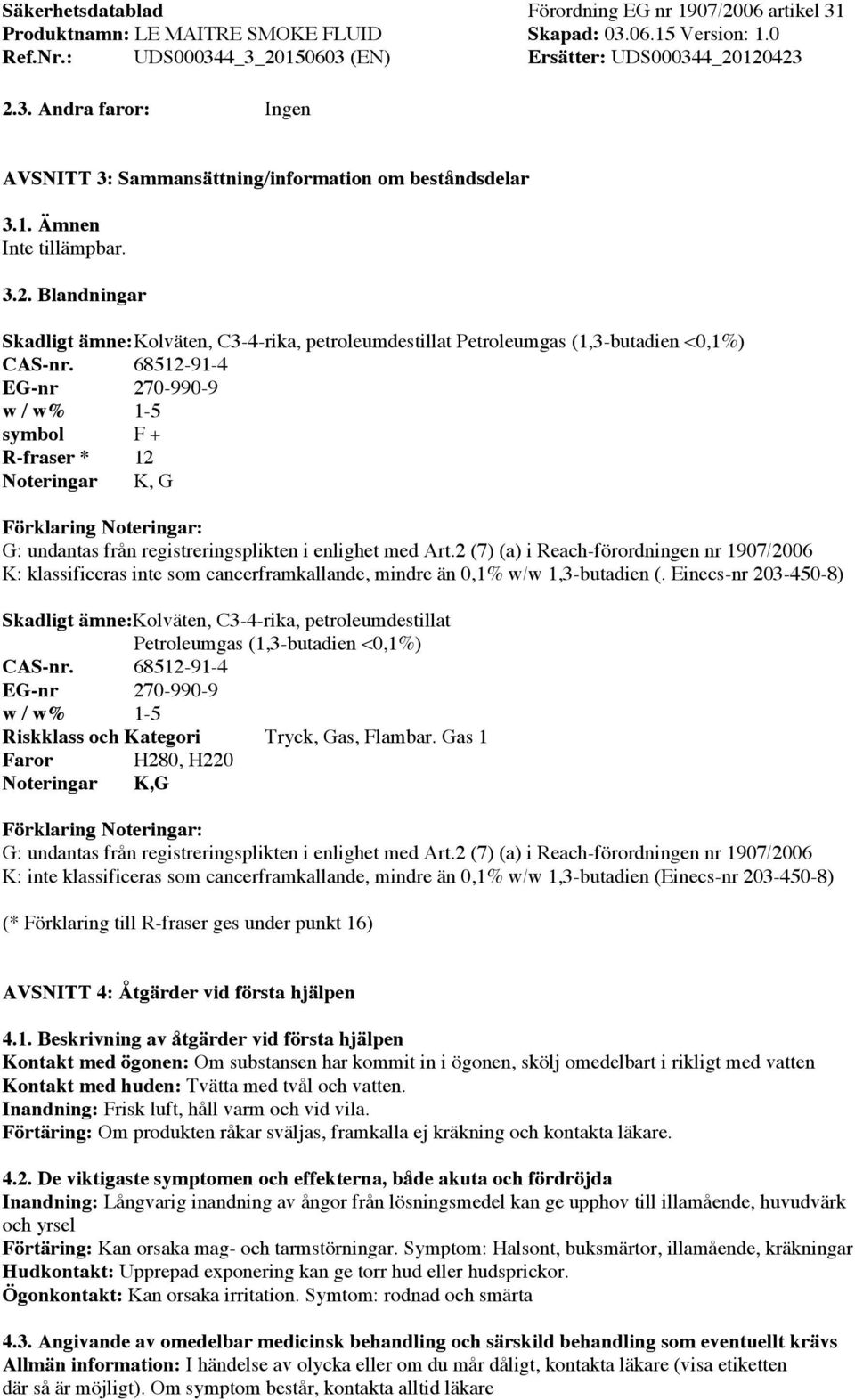 2 (7) (a) i Reach-förordningen nr 1907/2006 K: klassificeras inte som cancerframkallande, mindre än 0,1% w/w 1,3-butadien (.