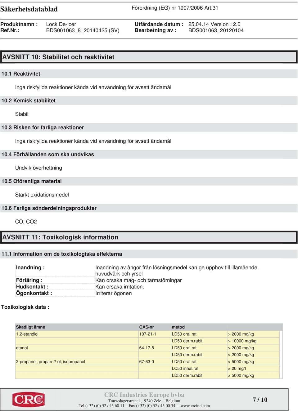 3 Risken för farliga reaktioner Inga riskfyllda reaktioner kända vid användning för avsett ändamål 10.4 Förhållanden som ska undvikas Undvik överhettning 10.