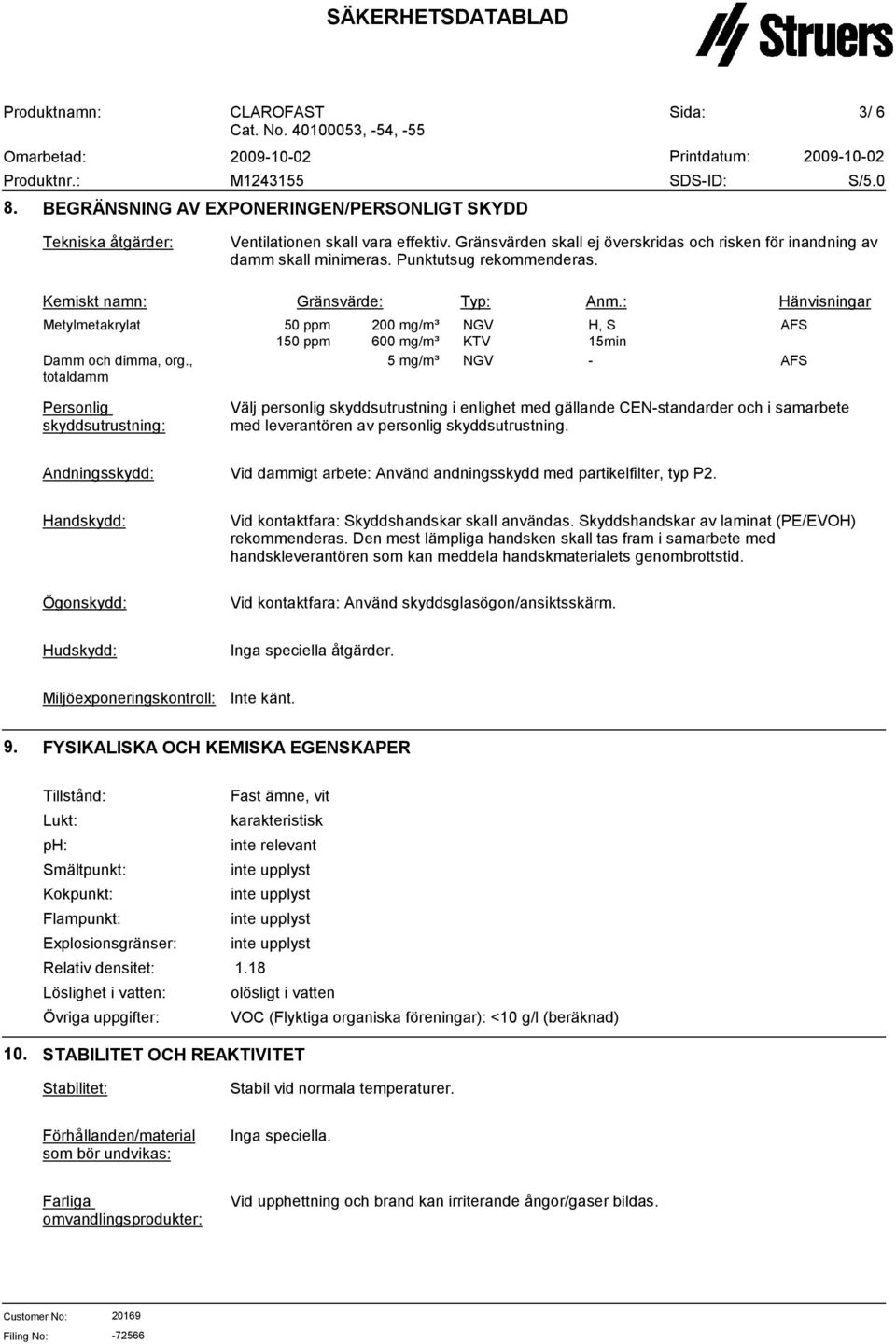 , totaldamm 50 ppm 150 ppm 200 mg/m³ 600 mg/m³ 5 mg/m³ NGV H, S AFS KTV 15min NGV - AFS Personlig skyddsutrustning: Välj personlig skyddsutrustning i enlighet med gällande CEN-standarder och i