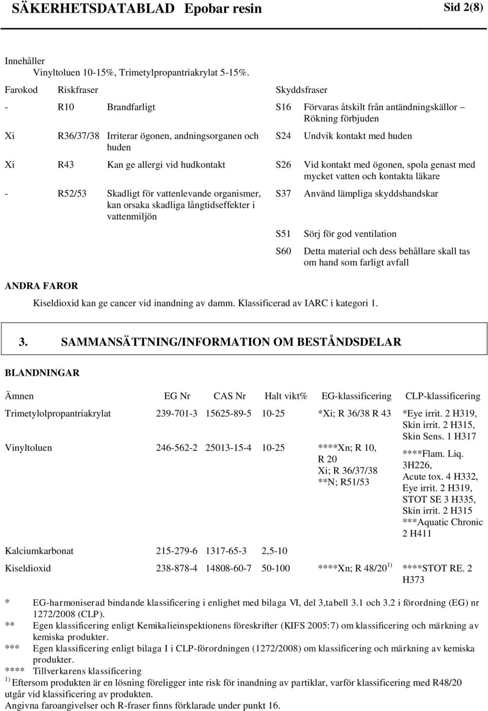 R43 Kan ge allergi vid hudkontakt S26 Vid kontakt med ögonen, spola genast med mycket vatten och kontakta läkare R52/53 Skadligt för vattenlevande organismer, kan orsaka skadliga långtidseffekter i