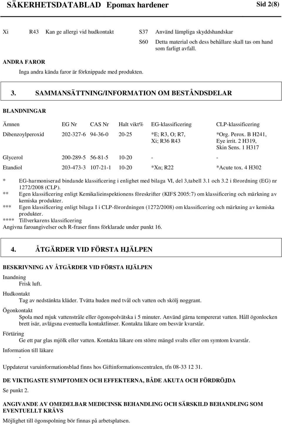 SAMMANSÄTTNING/INFORMATION OM BESTÅNDSDELAR BLANDNINGAR Ämnen EG Nr CAS Nr Halt vikt% EGklassificering CLPklassificering Dibenzoylperoxid 2023276 94360 2025 *E; R3, O; R7, Xi; R36 R43 Glycerol