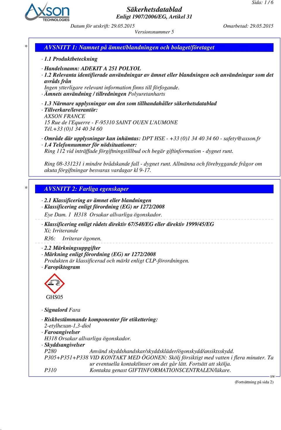 Ämnets användning / tillredningen Polyuretanharts 1.