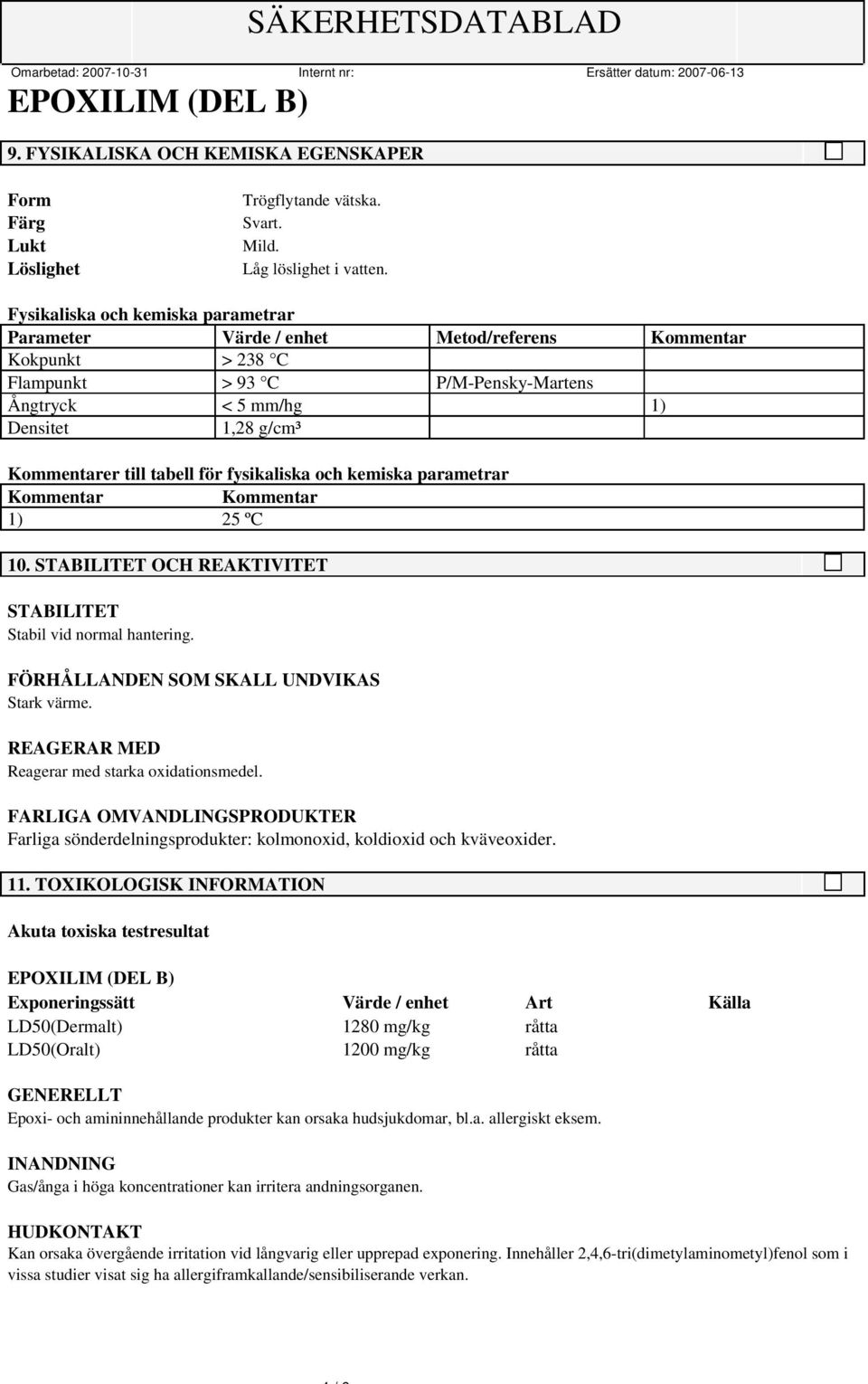 tabell för fysikaliska och kemiska parametrar Kommentar Kommentar 1) 25 ºC 10. STABILITET OCH REAKTIVITET STABILITET Stabil vid normal hantering. FÖRHÅLLANDEN SOM SKALL UNDVIKAS Stark värme.