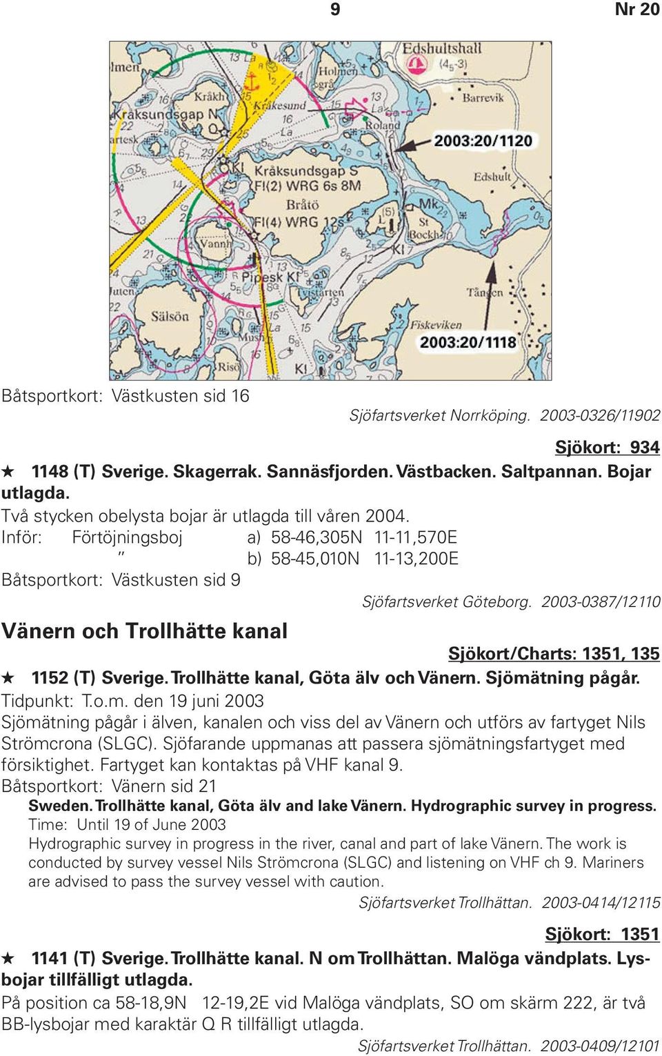 2003-0387/12110 Vänern och Trollhätte kanal Sjökort/Charts: 1351, 135 1152 (T) Sverige. Trollhätte kanal, Göta älv och Vänern. Sjömä