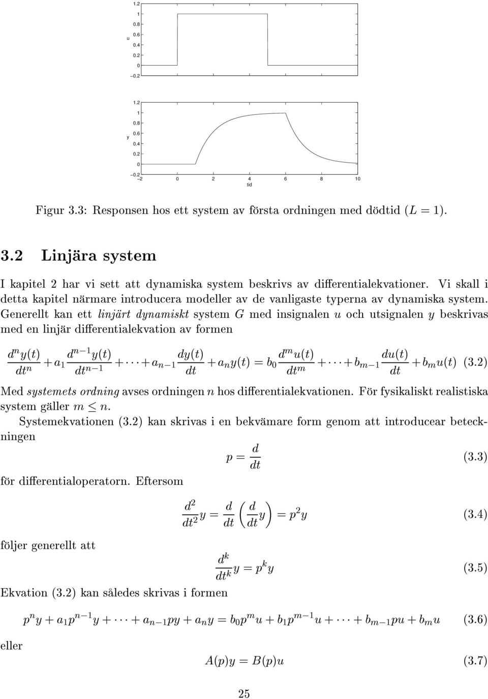 Generellt kan ett linj rt dynamiskt system G med insignalen och tsignalen y beskrivas med en linj r dierentialekvation av formen d n yètè n + a d n, yètè d m ètè +æææ+a n, n, + a n yètè =b m +æææ+b