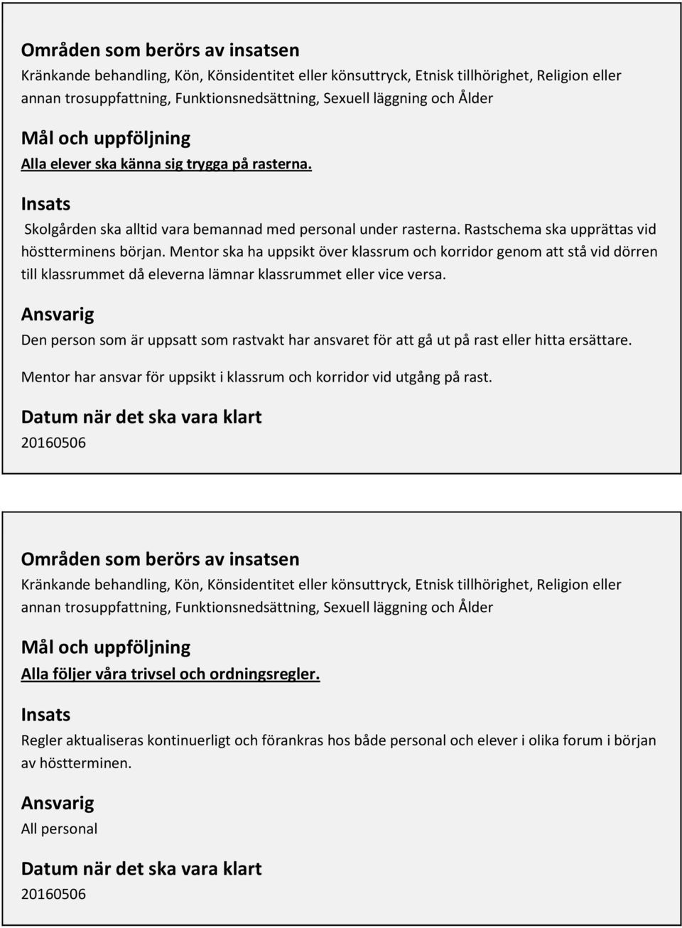 Mentor ska ha uppsikt över klassrum och korridor genom att stå vid dörren till klassrummet då eleverna lämnar klassrummet eller vice versa.