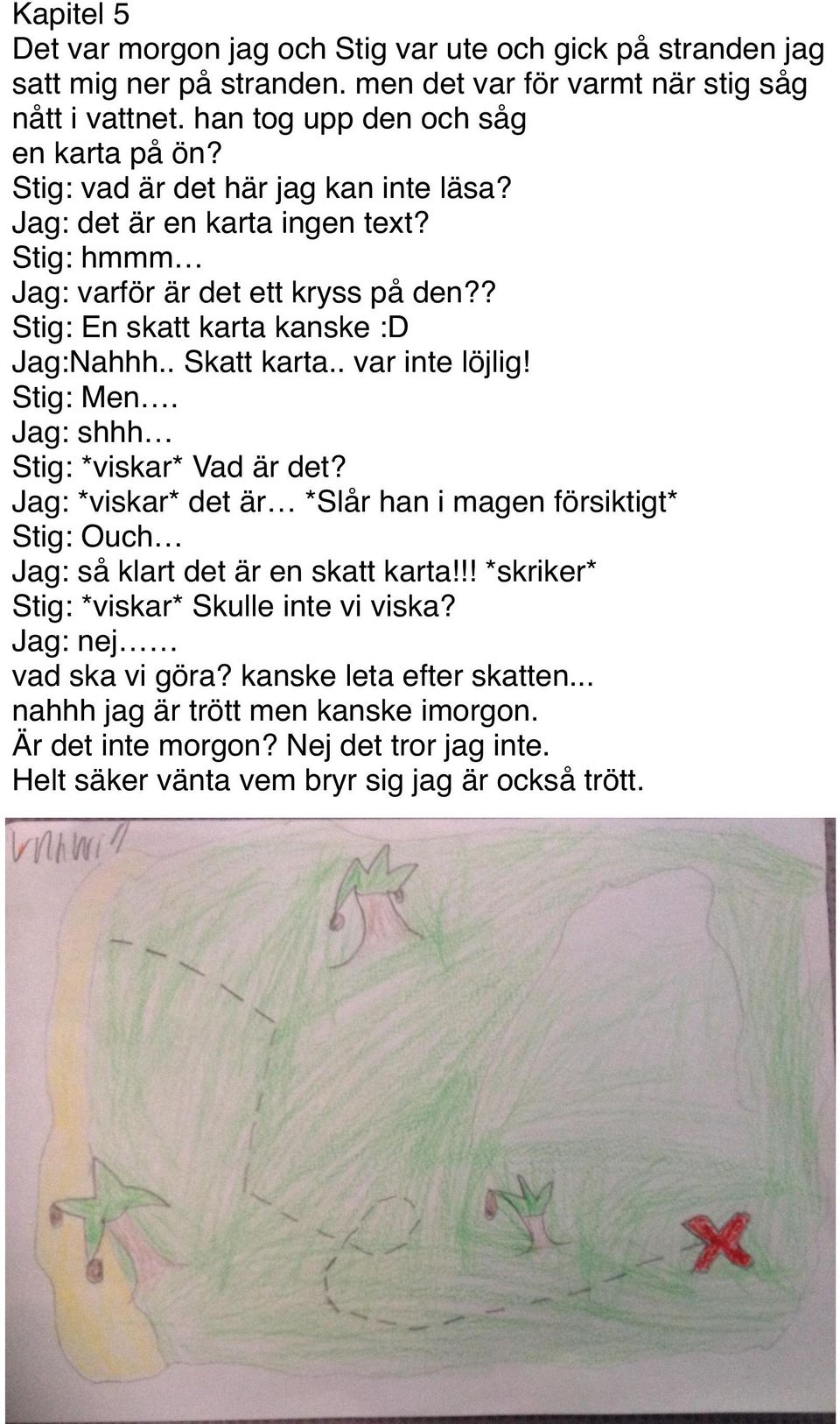 . var inte löjlig! Stig: Men. Jag: shhh Stig: *viskar* Vad är det? Jag: *viskar* det är *Slår han i magen försiktigt* Stig: Ouch Jag: så klart det är en skatt karta!