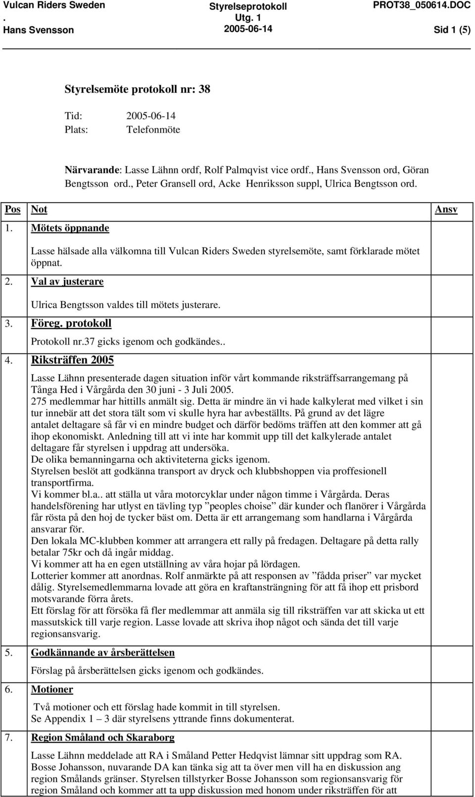 Val av justerare Ulrica Bengtsson valdes till mötets justerare. 3. Föreg. protokoll Protokoll nr.37 gicks igenom och godkändes.. 4.
