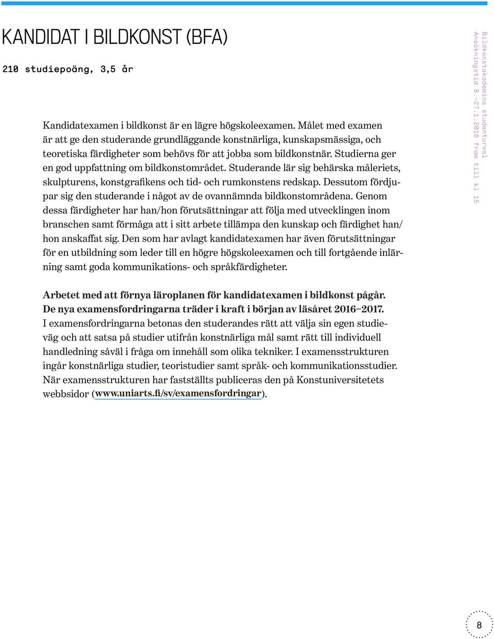 Studierna ger en god uppfattning om bildkonstområdet. Studerande lär sig behärska måleriets, skulpturens, konstgrafikens och tid- och rumkonstens redskap.