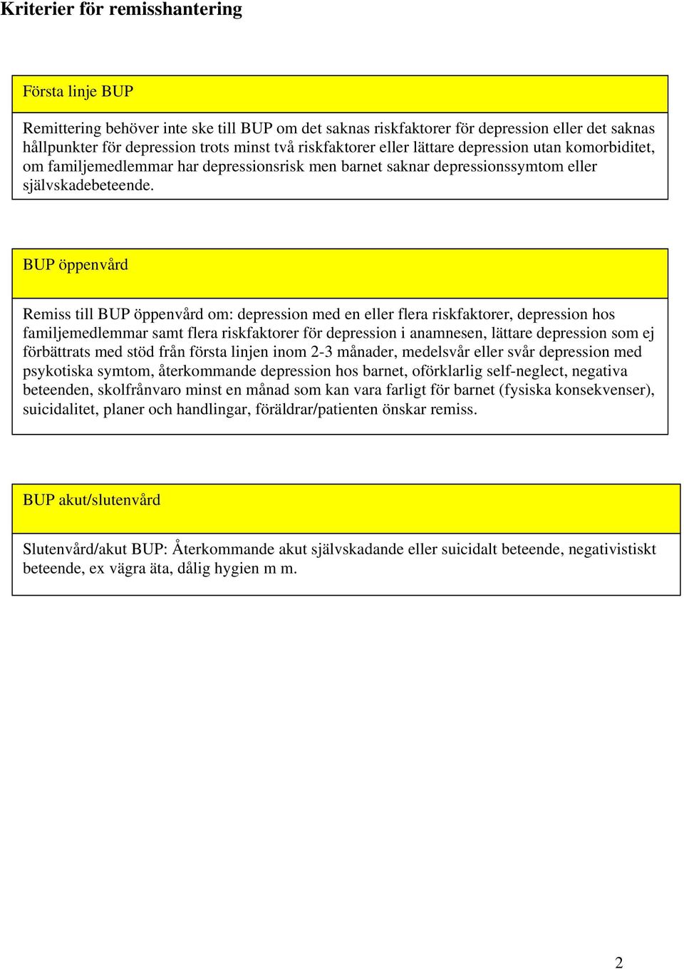 BUP öppenvård Remiss till BUP öppenvård om: depression med en eller flera riskfaktorer, depression hos familjemedlemmar samt flera riskfaktorer för depression i anamnesen, lättare depression som ej