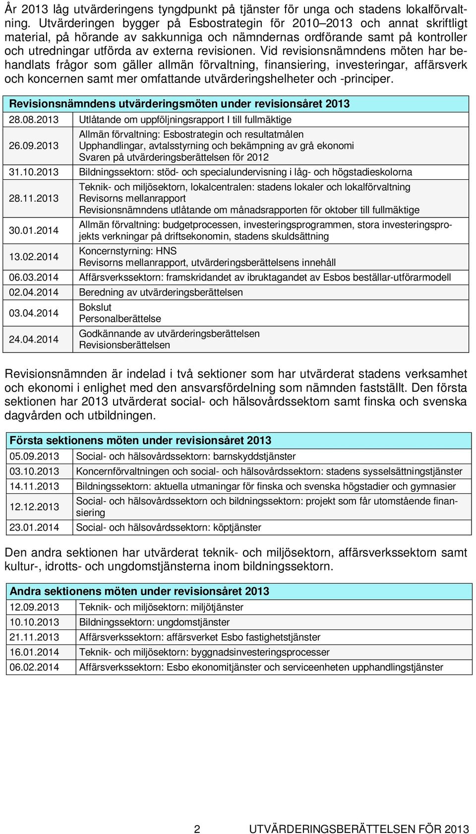 Vid revisionsnämndens möten har behandlats frågor som gäller allmän förvaltning, finansiering, investeringar, affärsverk och koncernen samt mer omfattande utvärderingshelheter och -principer.