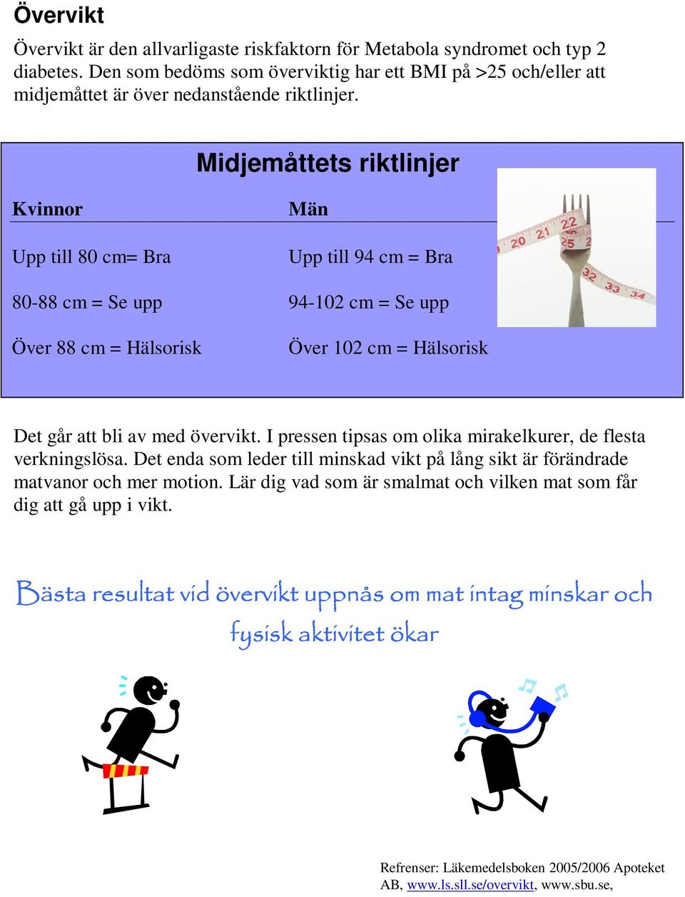 Midjemåttets riktlinjer Kvinnor Upp till 80 cm= Bra Män Upp till 94 cm = Bra 80-88 cm = Se upp 94-102 cm = Se upp Över 88 cm = Hälsorisk Över 102 cm = Hälsorisk Det går att bli av