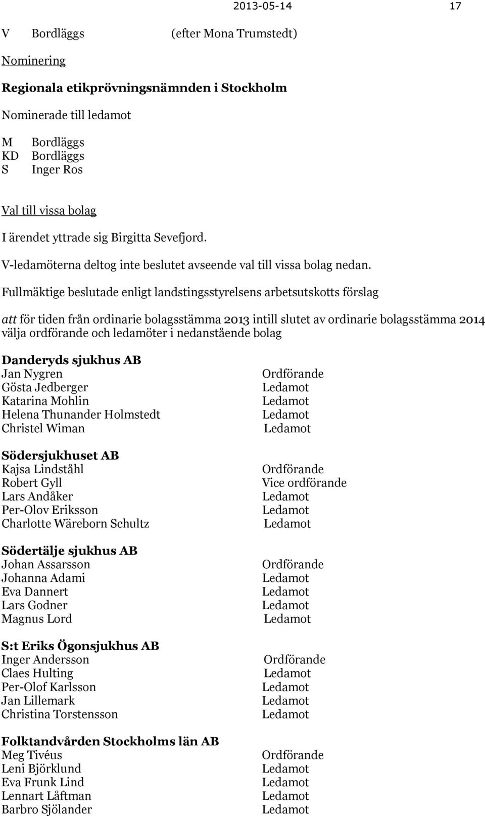 Fullmäktige beslutade enligt landstingsstyrelsens arbetsutskotts förslag att för tiden från ordinarie bolagsstämma 2013 intill slutet av ordinarie bolagsstämma 2014 välja ordförande och ledamöter i