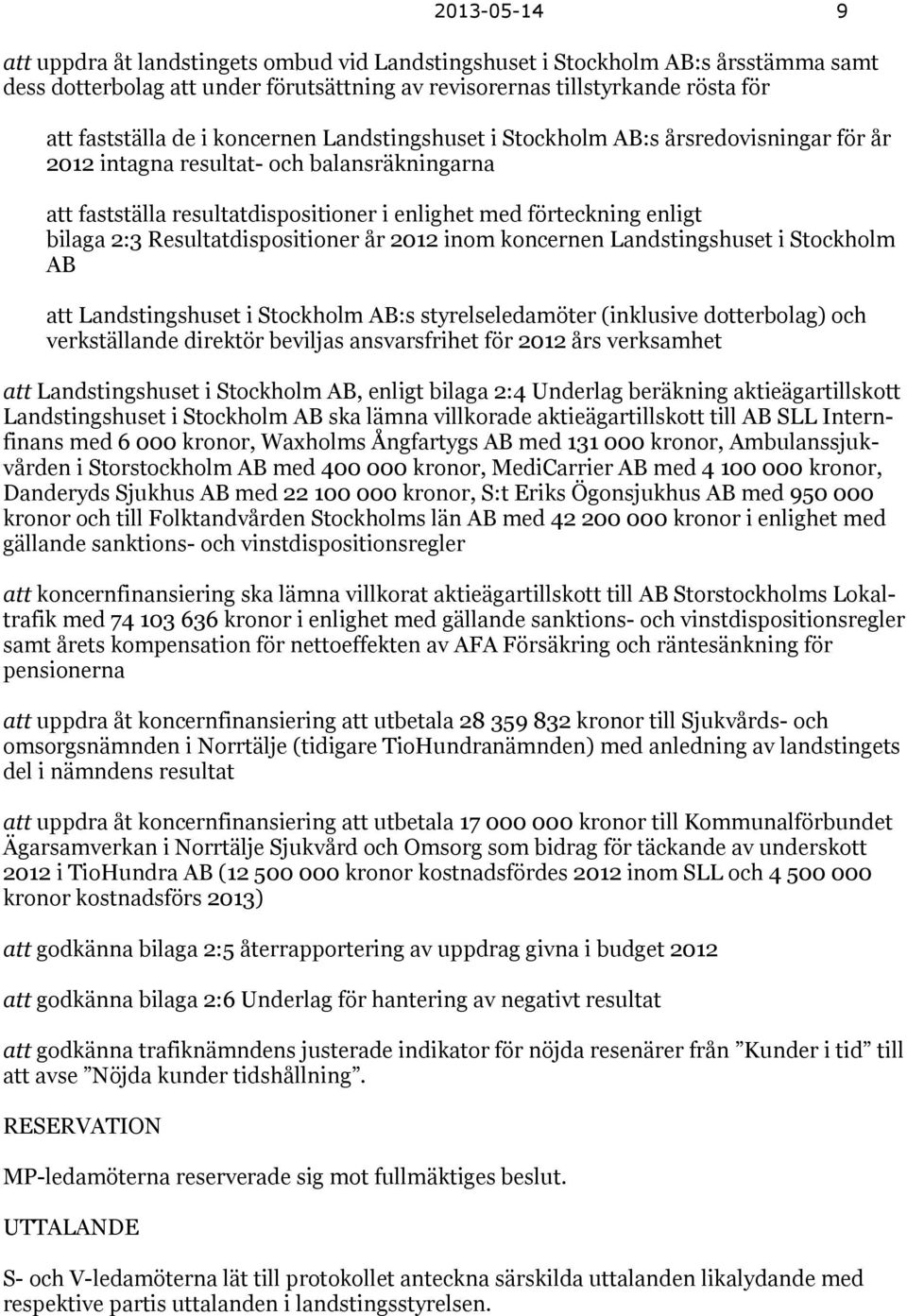 Resultatdispositioner år 2012 inom koncernen Landstingshuset i Stockholm AB att Landstingshuset i Stockholm AB:s styrelseledamöter (inklusive dotterbolag) och verkställande direktör beviljas