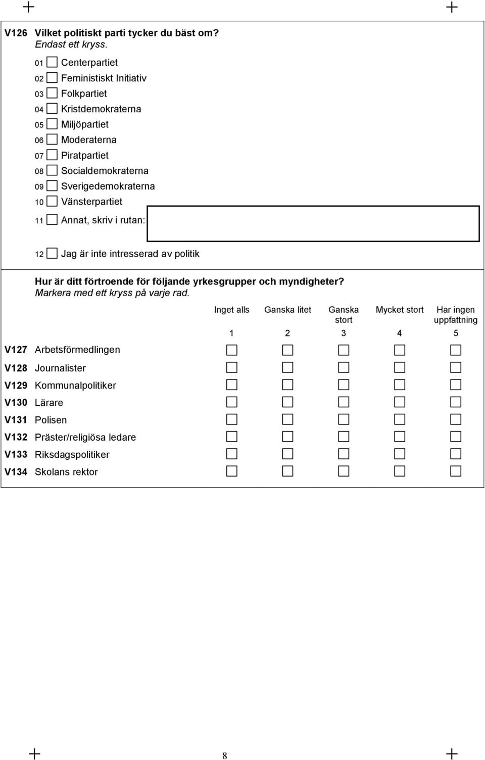 Sverigedemokraterna 10 Vänsterpartiet 11 Annat, skriv i rutan: 12 Jag är inte intresserad av politik Hur är ditt förtroende för följande yrkesgrupper och