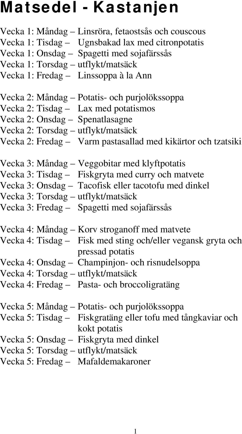 pastasallad med kikärtor och tzatsiki Vecka 3: Måndag Veggobitar med klyftpotatis Vecka 3: Tisdag Fiskgryta med curry och matvete Vecka 3: Onsdag Tacofisk eller tacotofu med dinkel Vecka 3: Torsdag