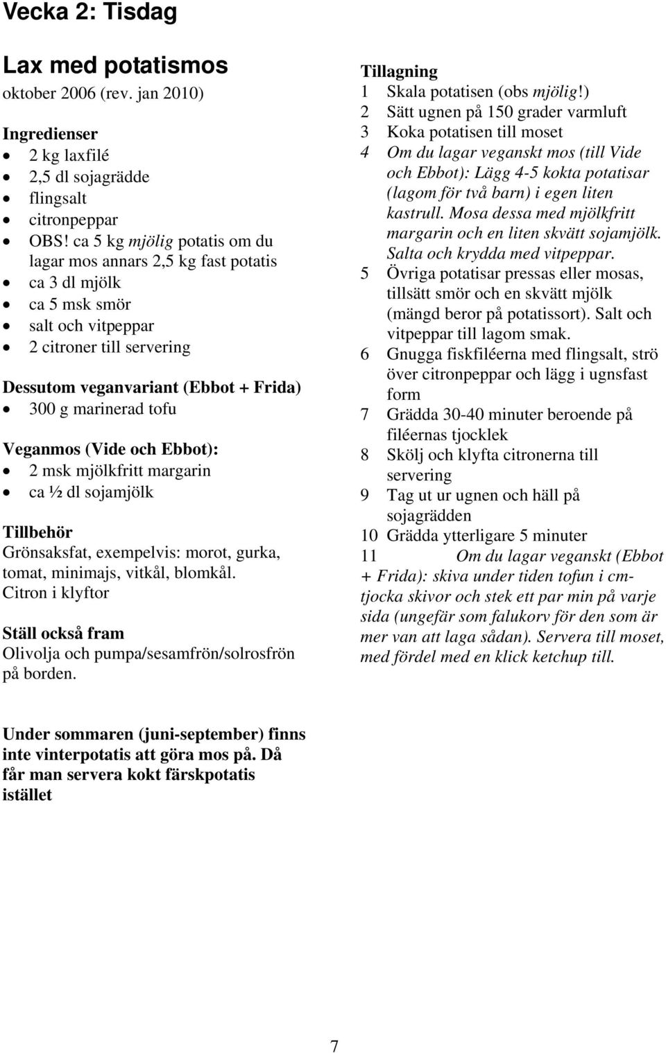 Veganmos (Vide och Ebbot): 2 msk mjölkfritt margarin ca ½ dl sojamjölk Grönsaksfat, exempelvis: morot, gurka, tomat, minimajs, vitkål, blomkål. Citron i klyftor 1 Skala potatisen (obs mjölig!